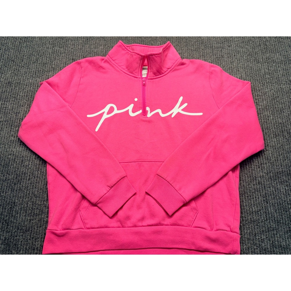 Pink Victoria's Secret Hot Pink Logo Quarter Zip Sweatshirt & Joggers Set L/M - Picture 2 of 11
